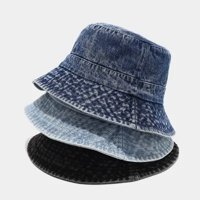 Retro Washed Denim Bucket Hat Distressed Solid-color Versatile Styleperfect Men Women Outdoor Casual Wear Hiking Sun