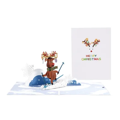 Wholesale Handmade Christmas 3D pop up Paper Sculpture Creative Skiing Reindeer Greeting Card Blessing Message