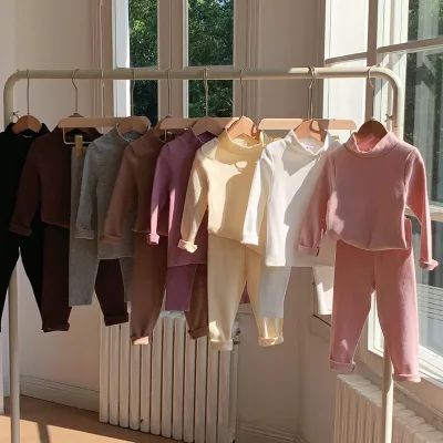Children's Brushed Cotton Mock-neck Long Sleeve Moisture-wicking Two-piece Loungewear Set Autumn/Winter for Kids