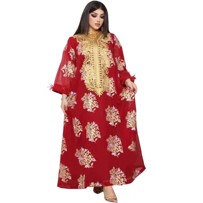 2024 Abaya Women Muslim Dress Modest Dress New Middle East Dubai Embroidered Ostrich Feather Gold Lace Dress