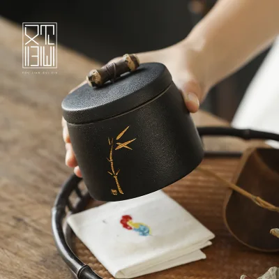 Black Porcelain Tea Canister Sealed Moisture-proof Small Ceramic Tea Container Portable Tea