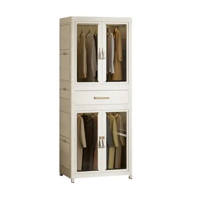 Rolling Transparent Display Door Storage Cabinet Foldable Wardrobe Organizer on Casters Lockable