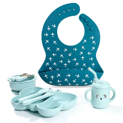 Wholesale 8PCS Silicone Baby Feeding Set Food Grade Silicone Lion Bowl Butterfly Plate Cute Cup and Bib Spoon Fork Sets