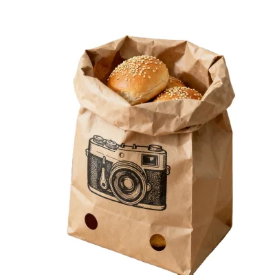 Eco Recyclable Brown Kraft Paper Grocery Bag Pre Printed Logo Round Air Hole Bread Roll Snack Takeaway Packaging Pouch