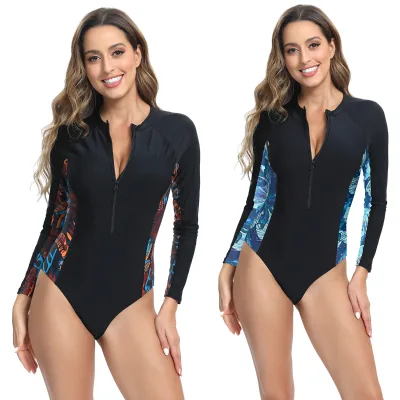 Women's Long-Sleeved Zipper One-Piece Tight Sports Racing Swimsuit Anti-UV Anti-Bacterial Quick Dry Spandex/Polyester Rash Guard