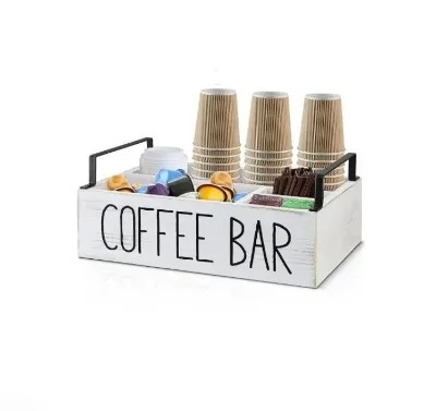 Wooden Coffee Station Organizer for Countertop Solid Wood Coffee and Tea Organizer with Handle