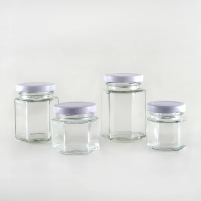 Modern Design 45ml to 730ml Hexagon Glass Honey Jam Jar with Metal Lid for Food Storage in Kitchen Wholesale