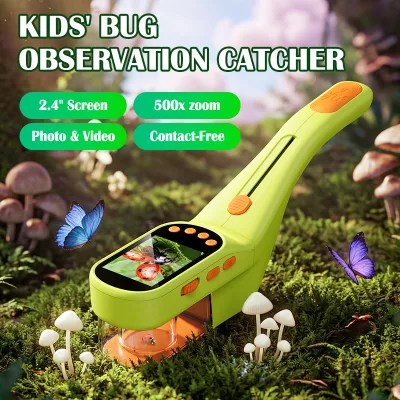 Creative Birthday Gift for Kids 500X Digital Pocket Microscope Bug Catcher 1080P 2.4" IPS Screen Portable Discovery Toy
