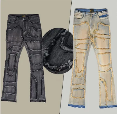 Men's High Quality Denim Slim Jeans Breathable Streetwear Patched Vintage Stacked Design Loose Comfort Casual Wear