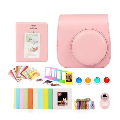 Pink Instax Mini Camera Bag with Frame Photo Album Stickers Filters Selfie Mirror for Video & Photography Accessories