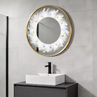 Gold Frame LED Bathroom Mirror with Touchless Sensor,Custom UV Printed Decorative Pattern