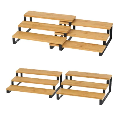 For Kitchen Countertop Cabinet Bamboo Spice Rack 3 Tier Expandable Shelf Metal Frame Space Saving Pantry Organizer