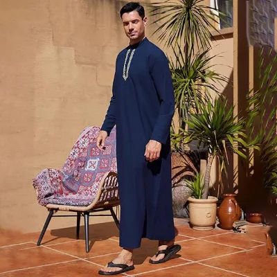 Men's Islamic Arabic Thobe Jubba-65% Cotton 35% Linen Casual Kaftan | Big & Tall Dishdasha for Daily Prayer Wear Breathable Soft