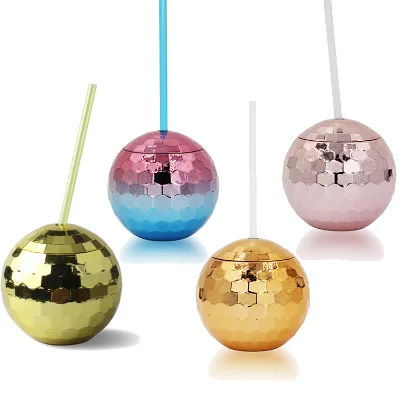 Factory Fashion 16 oz Reusable Beer Glass Polystyrene Discoball Cup with Straw Set Plastic Wine Glass Bar Party