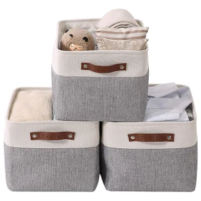 Hot Sale Collapsible Sturdy Fabric Storage Cube with Leather Handles Foldable Storage Basket for Organizing Nursery Toy Closet