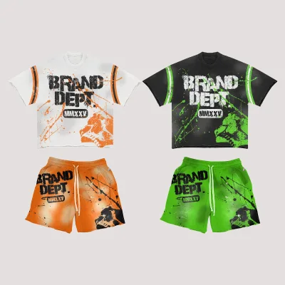 Custom Raw Distressed Hem Outfit Sets Digital Printed Rhinestone Graphic Brand logo Cotton Acid Washed Shorts and T-shirt Set