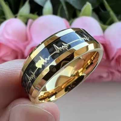 Fashion Jewelry 8mm Engagement Heartbeat Wedding Band Ring Men Women Couple Gold Silver Plated Stainless Steel Ring Jewelry