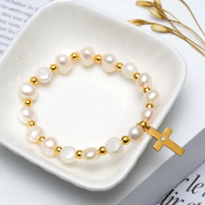 Pearl Jewelry Gold Plated Stainless Steel Beads Stretch Cross Heart Shell Eye Tree Father Charms Golden Bead Bracelets