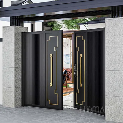 Modern New Chinese Matte Black Vertical Fluted Double Swing Courtyard Gate, Golden Step Frame Geometric Inlay Aluminum Villa