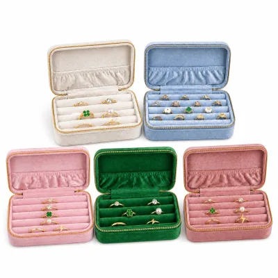 Wholesale Custom Premium Luxury Portable Velvet Suede Ring Jewelry Box with Padded Ring Rolls Golden Trim for Women Travel Gifts