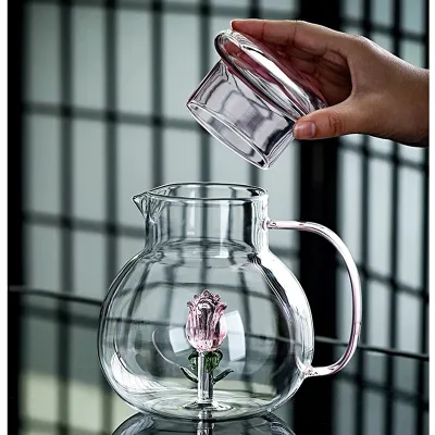 Transparent 3D Flower Inside Glass Tea Pot Clear Borosilicate Heat Resistant Glass Teapot on Stove