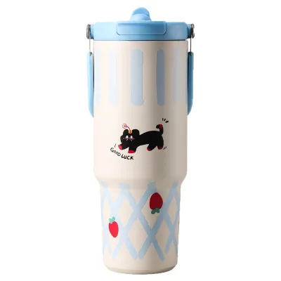 Kawaii Dog Bunny Cartoon Printed Stainless Steel Tumbler Carry Strap Straw Lid Thermal Insulated Cup For Student Office Gift