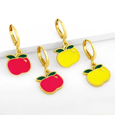New Design Cute Enamel Oil Dripped Apple Shape Pendant Gold Plated Brass Charm Earrings