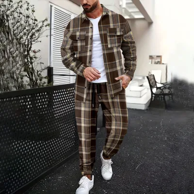 New Men's Casual Waffle Knitted Fabric Plaid Long Sleeve Shirt and Pants Suit for Spring Plaid Suit