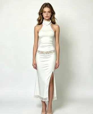 Women Sleeveless Halter Turtleneck Midi Dress Elegant Lace Trim High Split Bodycon Mermaid Dresses