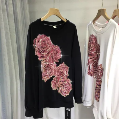Extra Large Plus Size Women's 1.0-150kg Heavy Craft Rhinestone Sweatshirt Luxury Rose Flower Neck Slimming Hoodies Sweatshirts