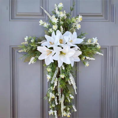 2024 Easter Wreath with Cross Artificial Lily Flower Door Hanging Decoration Model 768 New for Product