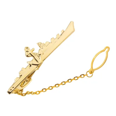 Custom Logo Gold Plated Metal Shell Ship Tie Bar Clip Tie Clips with Chain for Men Wedding Anniversary Gift