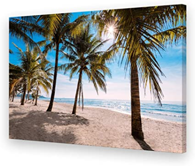 Wall Art Sun Summer Blue Ocean Waves Coconut Trees on Sands Beach Painting Sea Nature Pictures