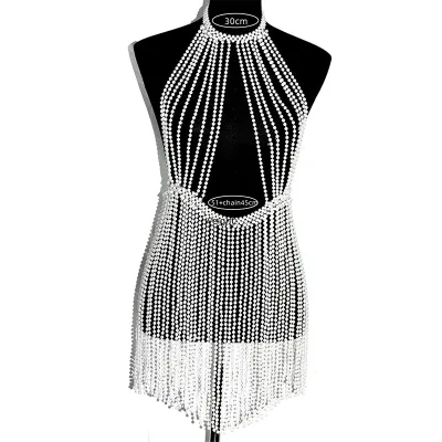 Pearl Fringe Tassel Flapper Body Chain Chest Body Chain Jewelry for Women Teen Girls Handmade Party Backless Dress