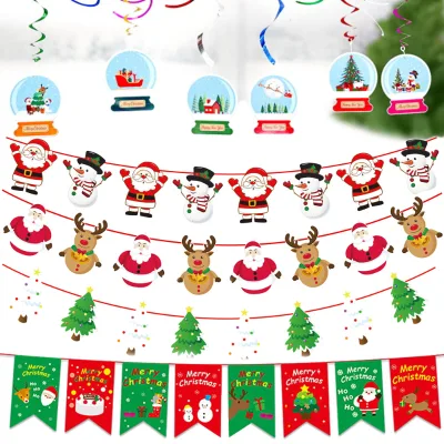Customizable Christmas Party Spiral Banner Flags Snowman Crystal Ball Santa Reindeer Made of Paper