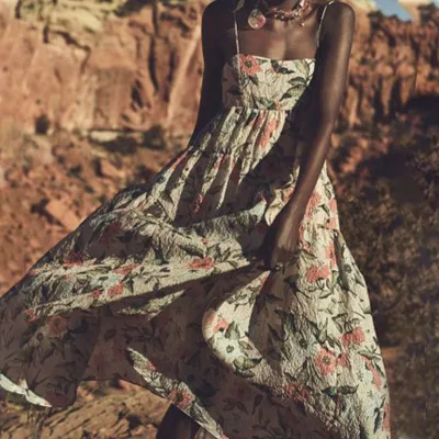 Maxi Dress Tight Slit Boho Midi Dress Pleated Floral Printed Sleeveless Modest Chiffon Wide Neck Bohemian Silk Women Summer