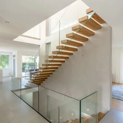 Prima Contemporary Interior Straight Staircase Mono Stringer Teak Wood Steps Cable Wire Stairs for House
