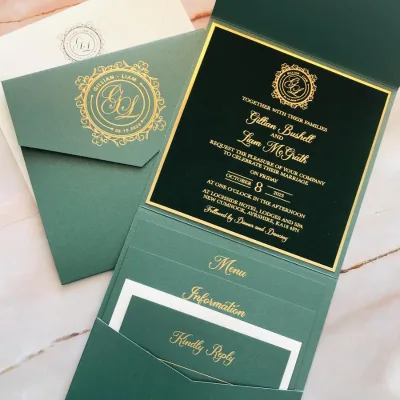 Stylish Emerald Green and Gold Foiled Velvet Paper Material Pocket Fold Wedding Invitation