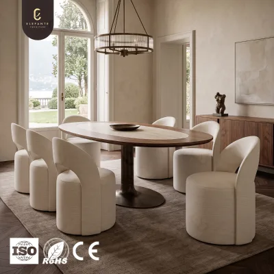 Old Money Luxury Upholstery Fabric Dining Chair with Curved Barrel Back for Premium Elegante Mansion Villa Interior Project