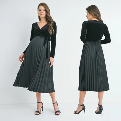 US Market Maxi Long Sleeve Soft Velvet Solid Digital Printing Pleated Bottom Maternity Dress for Pregnant Women