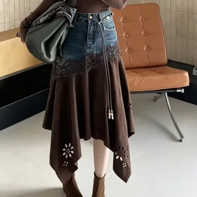 Retro Stitching Skirt Women's Autumn 2026 New High-waisted Loose Slim Irregular A-shaped Medium-length Skirt