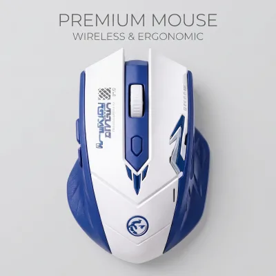 Blue White Mecha Gaming Mouse, 2.4Ghz Wireless + Blue-tooth, Rechargeable Mute Ergonomic Mouse for Office & Gaming