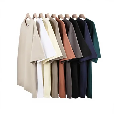 260g Terry Heavy Cotton Breathable Collarless Pullover Men's T-shirt Dropped Shoulder Sleeve Printed Pattern Loose Fit Trendy