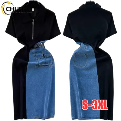 Vintage Denim Women Collision Color Splicing Slim Mid-Length Short-Sleeved Temperament Dresses