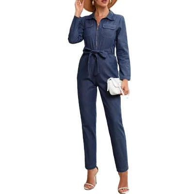 SMO Custom Plus Size 2023 Fall Cotton Denim Jumpsuit Women Jumpsuit Tops Long Sleeve