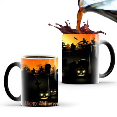 Custom Logo Pumpkin Skulls Lanterns Ceramic Cups Hot Sensitive Color Changing Magic Cup Sublimation for All Saints' Day