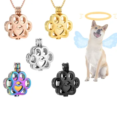 Memorial Stainless Steel Necklace for Pet Ashes Paw Shape Hollow-out Cat Dog Tiny Urn Keepsake