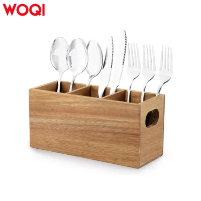 WOQI Eco-Friendly Acacia Wooden Tableware Rack with 3 Compartments for Kitchen Utensils Storage for Kitchen Countertops