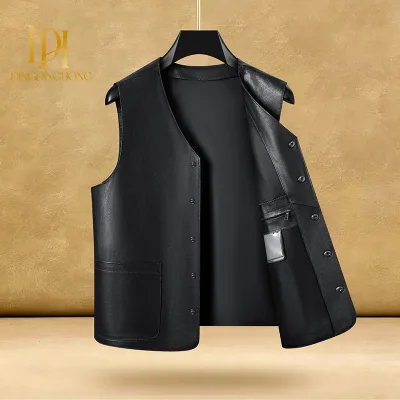 Men's Lightweight Windproof Top Grain Cowhide Vest Large Pockets Sleeveless Waistcoat Middle Aged Elderly Men Spring Autumn