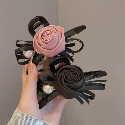 Creative Large Ribbon Bowknot Rose Flower Acrylic Hair Claw Clip with Pearl
